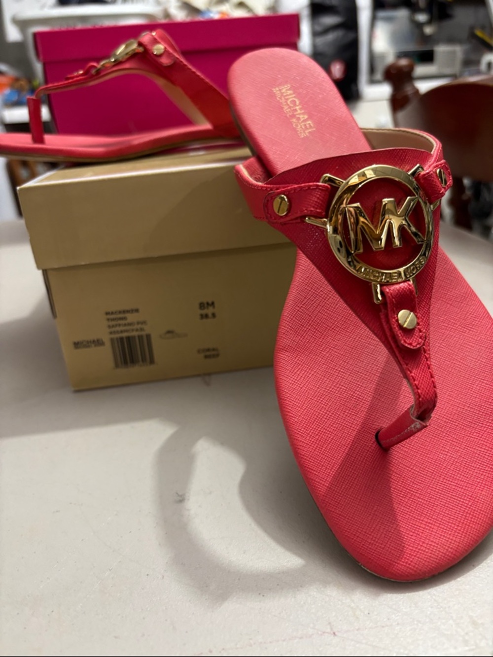 Michael Kors Coral Pink Logo Thong Sandals with Gold MK Emblem